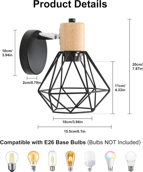 Industrial Wall Sconce, Adjustable Head Wall Lamp, Cage Wall Mount Light Fixture Industrial Farmhouse Lighting for Living Room, Kitchen, Bedroom, ...