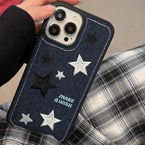 Casechics Compatible with iPhone Case,Cool Denim Fabric Embroidery Star Silicone Camera Lens Protection Soft Shockproof Cover Phone Case (Blue,iPh...
