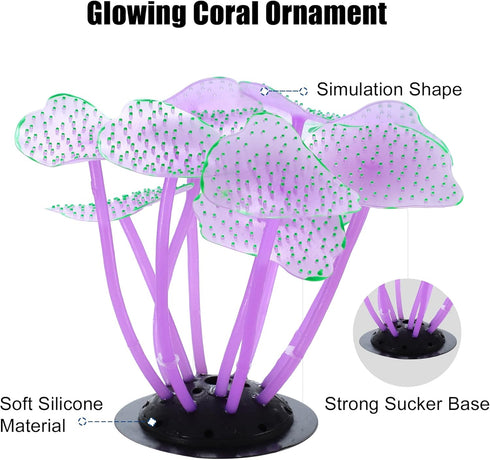 VOCOSTE Soft Silicone Glowing Aquarium Mushroom Coral, Fluorescence Aquatic Artificial Coral for Fish Tank Decoration, Purple...