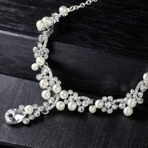 Bride Crystals Rhinestones Pearls Necklace Earrings Set Bridal Wedding Jewelry Sets Rhinestone Choker Necklace Prom Party Costume Jewelry Set for ...