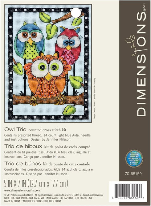 Dimensions 70-65159 Owl Trio Counted Cross Stitch Kit, 5" x 7", Blue...