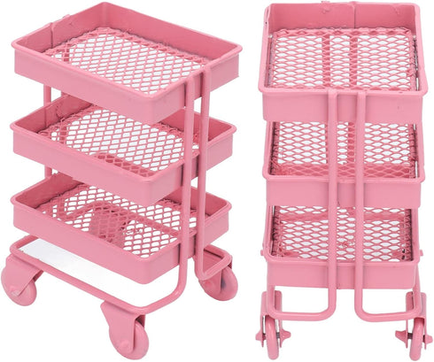 1:12 Miniature Dollhouse Handcart Mini Shopping Cart 3 Layers Storage Display Shelf with Wheels Kitchen Furniture Decoration(Pink)...