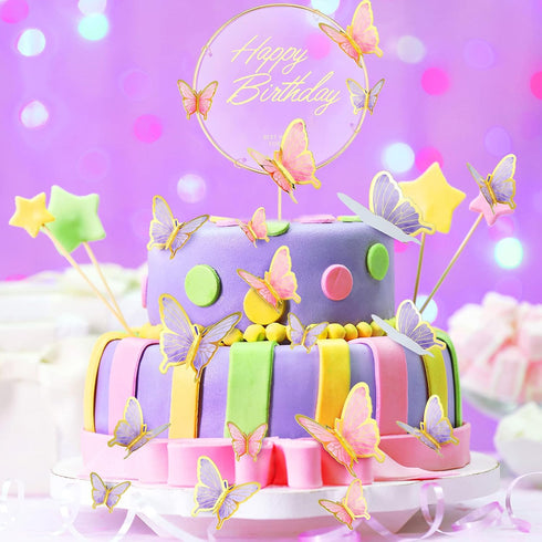Bucherry 81 Pieces 3D Butterfly Cupcake Topper Gold Round Acrylic Happy Birthday Cake Topper Butterflies Cake Decorations for Birthday Wedding Par...
