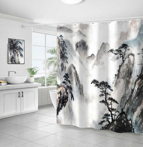 Japanese Shower Curtain, Asian Landscape Painting Oriental Ink Watercolor Mountain Tree Abstract Bath Curtains, Black Print Fabric Bathroom Access...