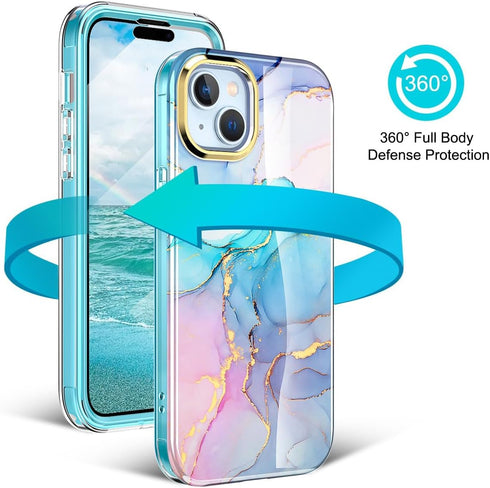 Case for iPhone 15 Case Built with Screen Protector, Lightweight and Stylish Full Body Shockproof Protective Rugged TPU Marble Case for Women/Girl...