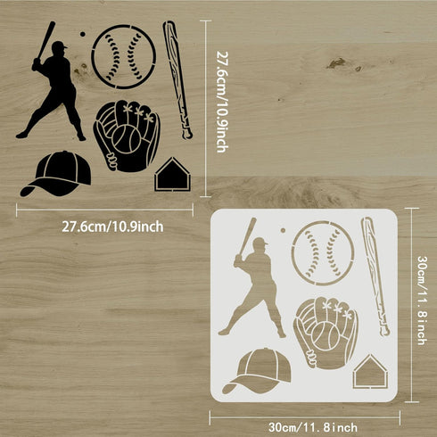 FINGERINSPIRE Baseball Stencils 11.8x11.8 inch Baseball Player Stencil Plastic Baseball Bat, Cap, Glove Pattern Stencils Reusable Baseball Theme S...