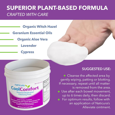 CoolComfort Personal Cleansing Pads with Organic Witch Hazel and Aloe Vera - All-Natural and Fast Acting Wipes for Hemorrhoid Burning, Itching, Pa...