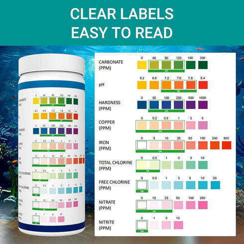 9IN1 Aquarium Test Strips-100 Strips Aquarium Water Test Kit for Freshwater,Fish Tank,Aquarium Water-Accurate&Fast Test Carbonate pH Hardness Copp...