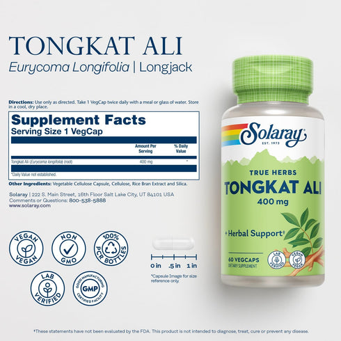 SOLARAY Tongkat Ali 400 mg - Longjack Tongkat Ali for Men - Herbal Support for Men's Health and Vitality - Vegan, Non-GMO, Lab Verified - 60 Servi...