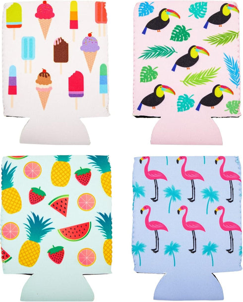 BLUE PANDA Neoprene Can Cooler Sleeves Summer Gift for Teacher - 12-Pack 4 Tropical Designs 2.5 x 4 In Fits 12 Oz - Insulating Summer Drink Cozy -...