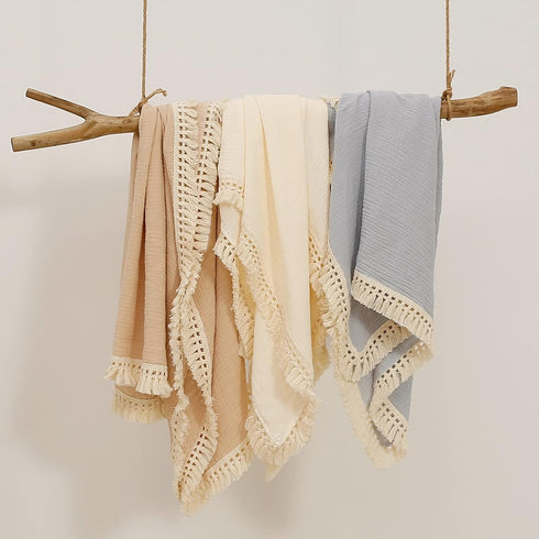 insular Cotton Muslin Baby Blanket with Tassel, Boho Bohemian Muslin Swaddle Blanket Baby Receiving Blanket with Fringe, Nursery Decor Throw or Nu...