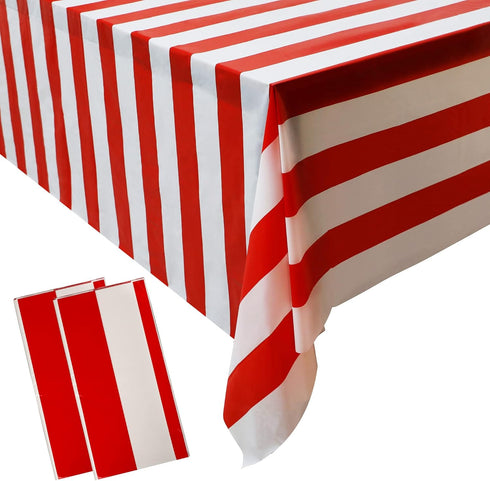 peony man 2 Pieces Red and White Striped Tablecloth Plastic Stripe Table Cover Carnival Circus Tablecloths Waterproof Rectangle Tablecloth for Hol...