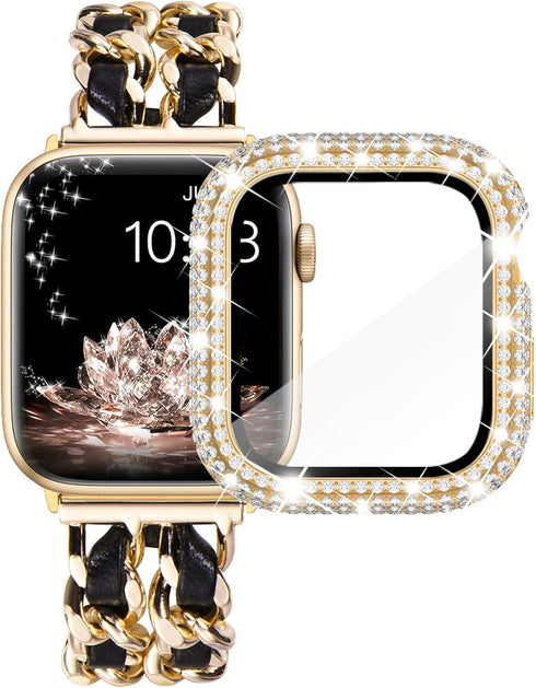FULLIFE Compatible with Apple Watch Bands for Women 38mm 40mm 41mm 42mm 44mm 45mm with Screen Protector, Jewelry Bracelet Metal Strap with Bling C...
