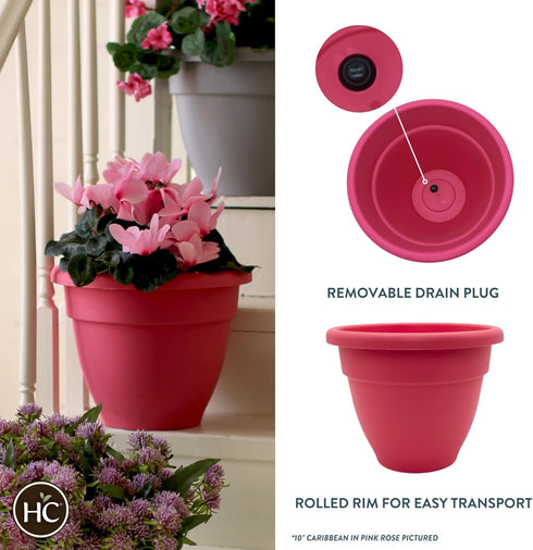 The HC Companies 12 Inch Caribbean Planter - Lightweight Indoor Outdoor Plastic Plant Pot for Herbs and Flowers, Pink Rose...