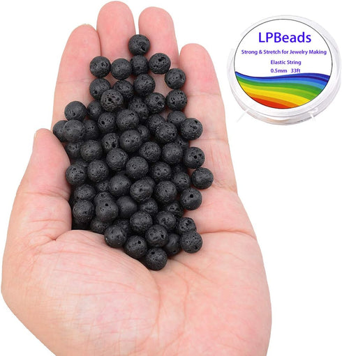 LPBeads 100PCS 8mm Natural Black Lava Beads Gemstone Round Loose Beads for Jewelry Making with Crystal Stretch Cord...