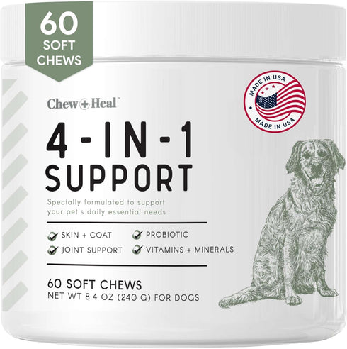Chew + Heal All in 1 Dog Vitamin - 60 Soft Chew Treats - Chewable Multivitamin with Probiotics, Digestive Enzymes, for Skin and Coat, Hip and Join...