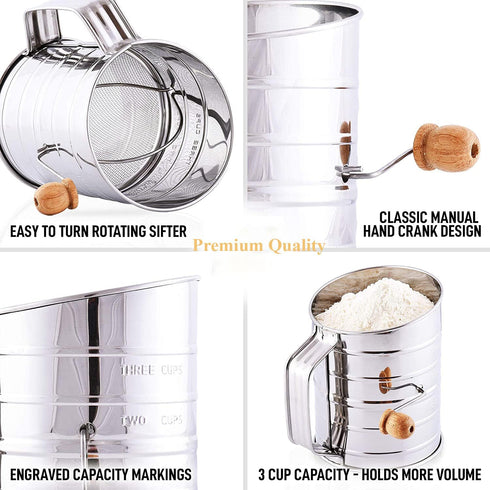 Stainless Steel 3 Cups Flour Sifter for baking | Rotary Hand Crank Powdered sugar shaker and flour duster|...