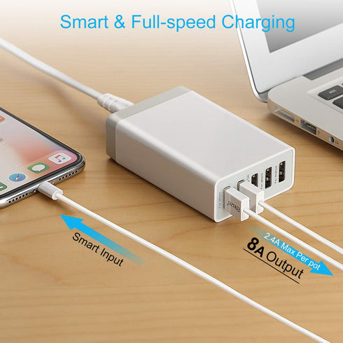 Desktop 5 Port USB Wall Charger 40W 8A, USB Hub Charging Station for Multiple Devices, Protable Multi Port USB Charger for Cell Phone, Tablet, And...