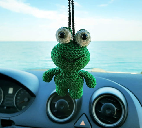 Handmade Frog Crochet Car Rear View Mirror Holder, Hanging Accessories Ornaments Cute Rearview Mirror Charm Decor, A Gift for Frog Lovers Car Hang...