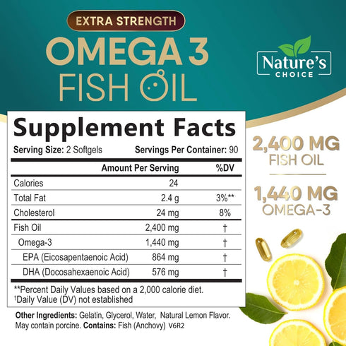Triple Strength Omega 3 Fish Oil 2400 mg Supplement, Nature's Omega-3 Supplements, Brain & Heart Health Support - EPA & DHA, Fish Oil in Each Soft...