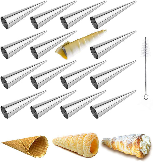 16Pcs Cream Horn Molds with Cleaning Brush, Stainless Steel Cone Roller Cannoli Forms Mold for Baking Cannoli Shell, Crispy Pastry for Christmas B...