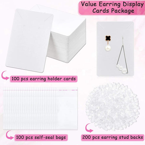 Anezus White Earring Packaging Kit - 400 Pcs with Display Cards, Self-Sealing Bags, Earring Backs & Necklace Cards...