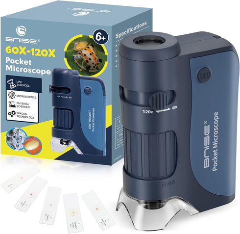 Pocket Microscope 60X-120X, Portable Handheld Microscope for Kids, Mini Microscope with 5pcs Microscope Slides for Learning, Education and Explori...