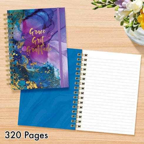 Designer Greetings, Designer Papers Flex Cover Journal with Elastic Band, “Grace, Grit, Gratitude” Purple and Blue Marble - 320 Pages (6” x 8.25”)...