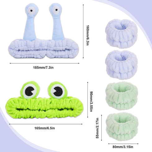 2pcs Skincare Headbands & 4pcs Spa Wristbands, Frog Headband & Snail Headband Puffy Makeup Headband Cartoon Face Wash Head Band Flannel Elastic Ha...