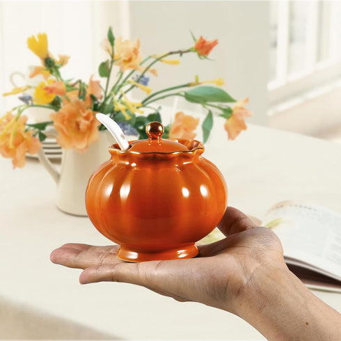 Ceramic Covered Salt Bowl Sugar Container Spice Box Seasoning Jar with Lid and Spoon for Home and Kitchen Coffee Bar, 9 OZ, Orange...