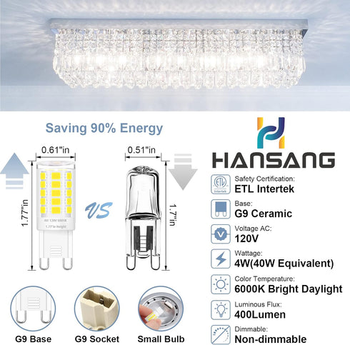 hansang 12 Pack G9 LED Bulb 6000K Cool Daylight for Crystal Chandelier, 4W 40Watt G9 Halogen Equivalent 1.77'' Height Short T4 Light Bulb with G9 ...