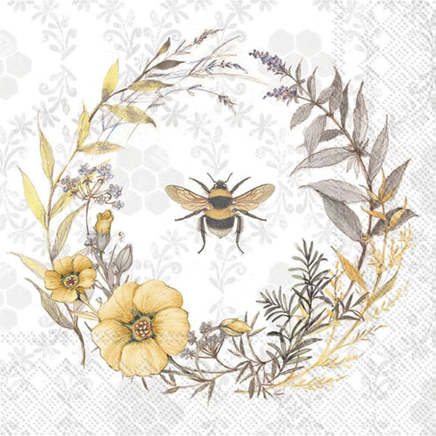 Boston International IHR 3-Ply Cocktail Beverage Paper Napkins, 20-Count, 5 x 5-Inches, Bee Wildflower Wreath...
