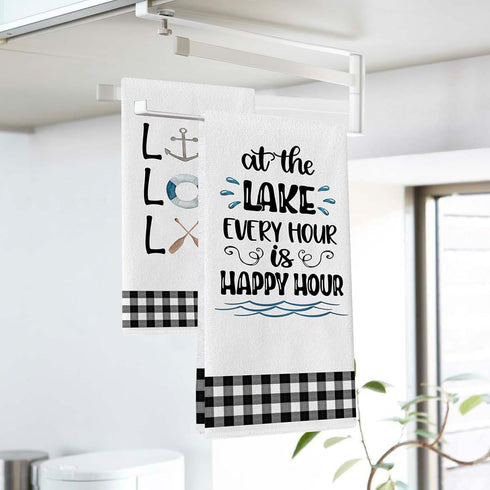 Seliem Live Love Lake House Kitchen Dish Towel Set of 2, Black White Buffalo Plaid Check Anchor Paddle Tea Bar Hand Drying Cloth, Spring Summer Fa...