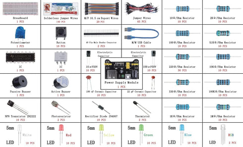 BOJACK 37 Values 480 Pcs Electronics Component Fun Kit with Power Supply Module, Jumper Wire,Precision Potentiometer,830 tie-Points Breadboard Com...