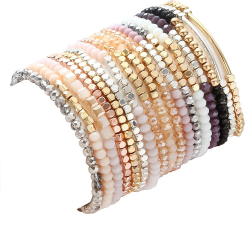 17Pcs Boho Beaded Bracelets for Women Colorful Stackable Sparkly Crystal Beads Bracelets Multi-Layer Versatile Statement Bracelets Stretch Cuff Je...