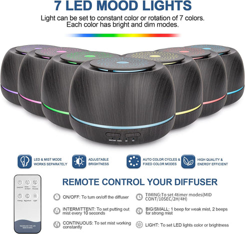 300ML Aroma Essential Oil Diffuser,8 Hours Wood Grain Cool Mist Aromatherapy Diffuser with Remote Control,USB-C Power Cable,Timer, 7 Color Light C...