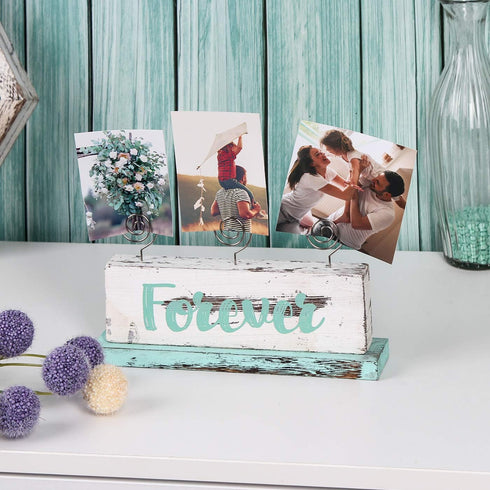 JACKCUBE DESIGN Multi-Photo Display Boho Tabletop Decor Wooden Double Side Memos, Cards, Gallery Display Block with 3 Wire Clips, Desktop Freestan...
