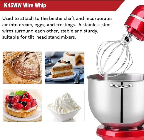 K45WW 6'' Wire Whip Compatible with 4.5-5Qt KitchenAid Tilt-Head Stand Mixer, Kitchenaid Whisk Replacement For Egg Cream Stirrer, Flour Cake Ballo...