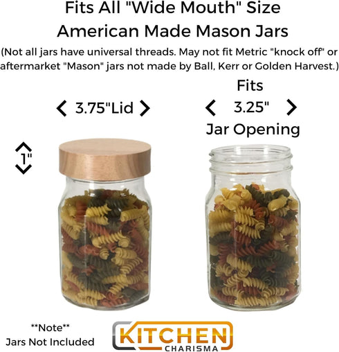 Wooden Mason Jar Lids - 4 Mason Jar Lids Wide Mouth (Rubberwood) - Custom Molded Screw Top Mason Jar Lid Set Compatible Storage Lids for Kerr and ...