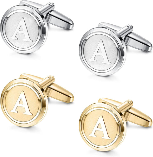 ORAZIO 2 Pairs Cufflinks for Men Stainless Steel Personalized Initial Cufflinks Silver Gold Engraved Cuff Links Alphabet Letter A-Z with Gift Box ...