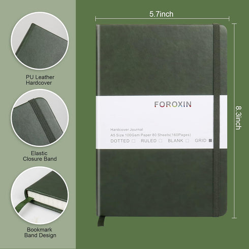 Grid Journal Bullet Notebook - Dark Green Leather Cover, 8.3 x 5.7Inch, 160 Pages, 100gsm Paper, Hardcover with Inner Pocket, Elastic Closure and ...