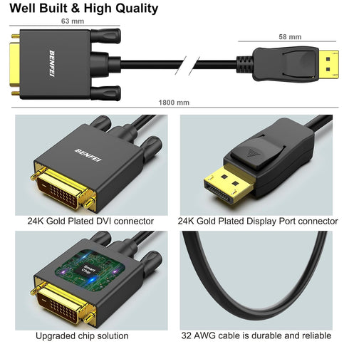 DisplayPort to DVI Adapter, Dp Display Port to DVI Converter Male to Male Gold-Plated Cord 3 Feet Black Cable for Lenovo, Dell, HP and Other Brand...