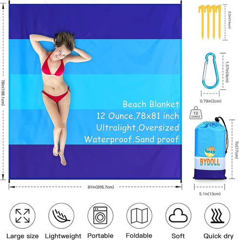 BYDOLL Beach Blanket 78''×81'' 4-7 Adults Oversized Lightweight Waterproof Sandproof Large Picnic Mat for Travel Camping Hiking Picnic(78" X 81", ...