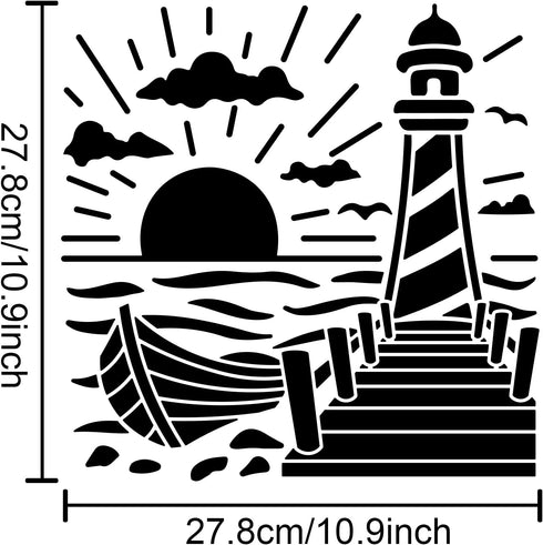 Lighthouse Stencils 11.8 x 11.8 Inch Sea Ocean Nautical Sailboat Stencils Reusable PET Summer Clouds Sun SeagullsStencils for Painting on Walls, A...