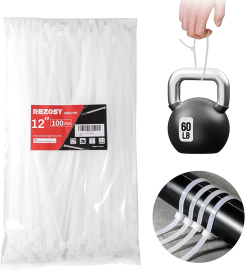 White Zip Ties 12 Inch 100 Pack Clear Tensile Strength 60 lbs UV Resistant Industrial Cable Ties Self Locking Zipties Wire Ties Wrap Indoor Outdoo...