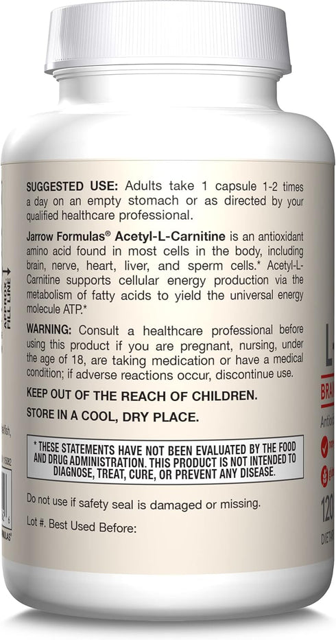 Jarrow Formulas Acetyl L-Carnitine 500 mg, Dietary Supplement, Amino Acid Support for Brain Health and Antioxidants, 120 Veggie Capsules, 120 Day ...