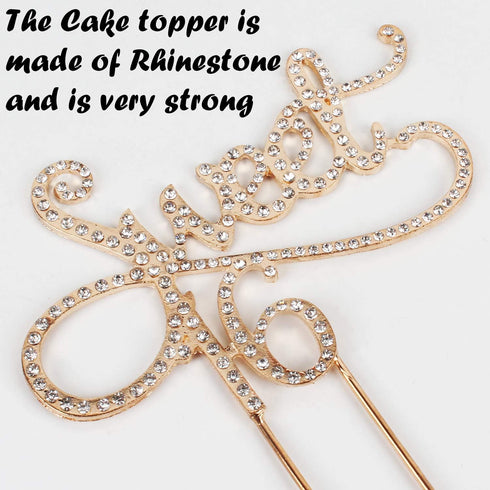 Sweet 16 Cake Topper for 16 Years Birthday Or 16th Wedding Anniversary Crystal Rhinestone Party Decoration Silver (Gold)...