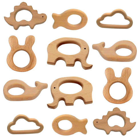 12-Pcs Baby Teether Toys,Wooden Teethers for Babies - Wooden Animal Toys, Teething Rings, Toddler Chew Toys?Baby Teething Rings and Wooden Teether...
