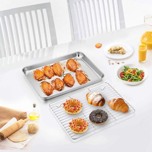 TeamFar 10.5’’ x 8’’ x 1’’ Toaster Oven Pan with Rack Set, Small Baking Pans Tray Stainless Steel with Cooling Rack Set of 4, Non-Toxic & Heavy Du...