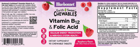 BlueBonnet Nutrition Earth Sweet Vitamin B12 & Folic Acid Chewable Tablets, Soy-Free, Gluten-Free, Raspberry 90 Count (Pack of 1)...
